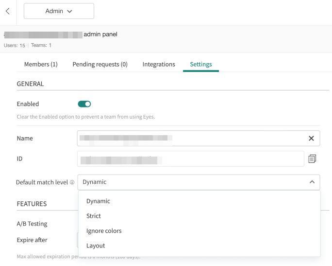 Default match level setting in the team admin panel