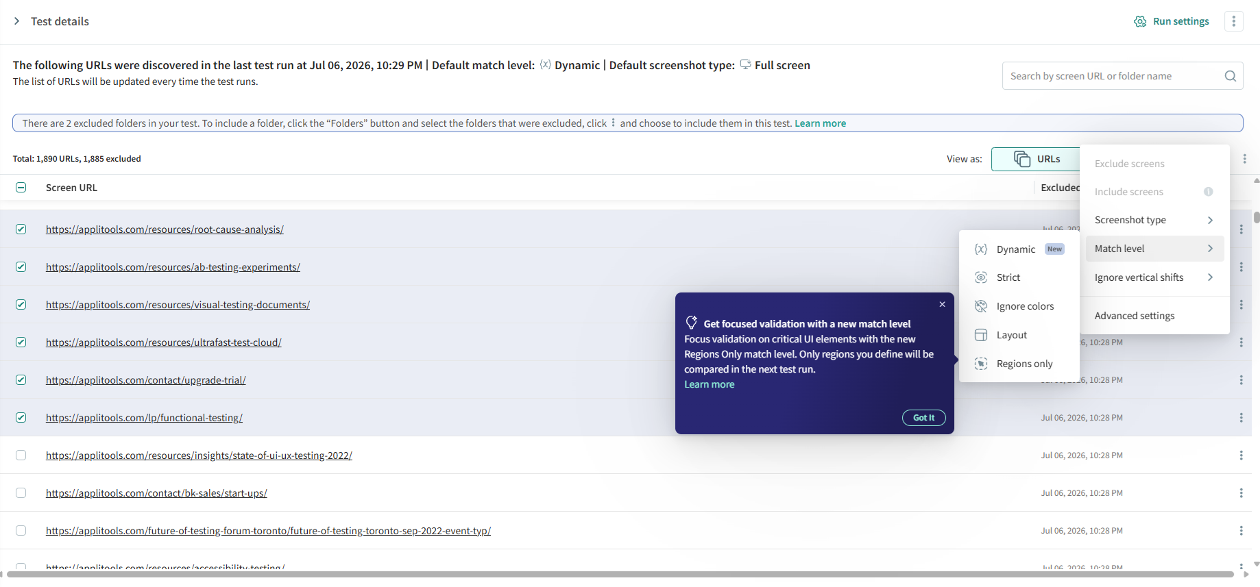 Match level menu for multiple selected URLs