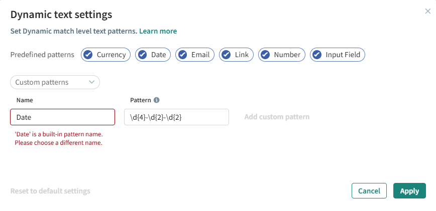 Placeholder — recapture: pattern validation error state, e.g. "'Date' is a built-in pattern name…"