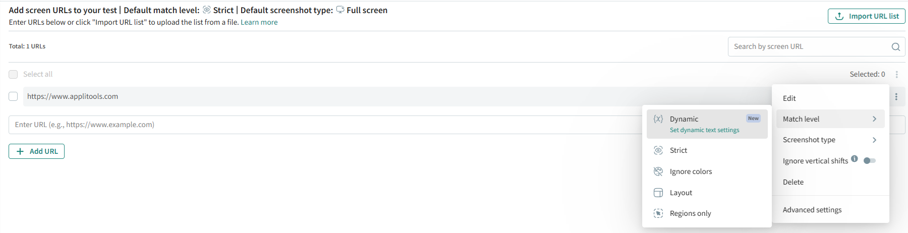 Match level menu on a URL row in a URL list test