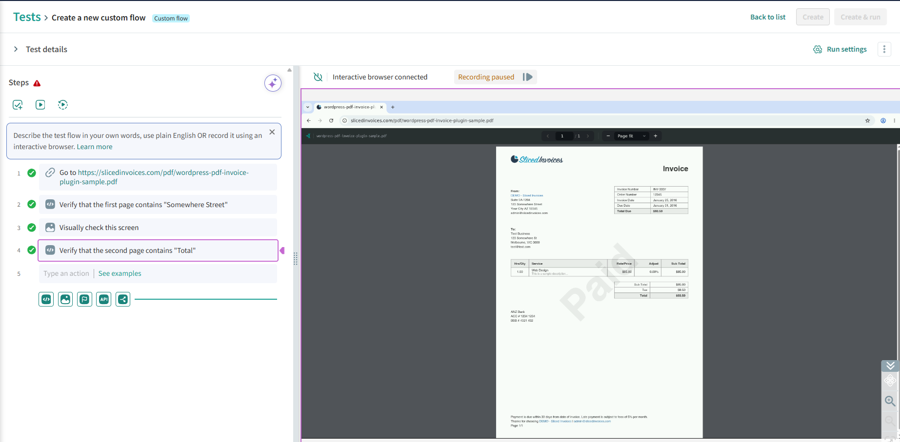 Custom Flow editor showing a PDF test (steps panel on the left, PDF rendered in the interactive browser on the right)